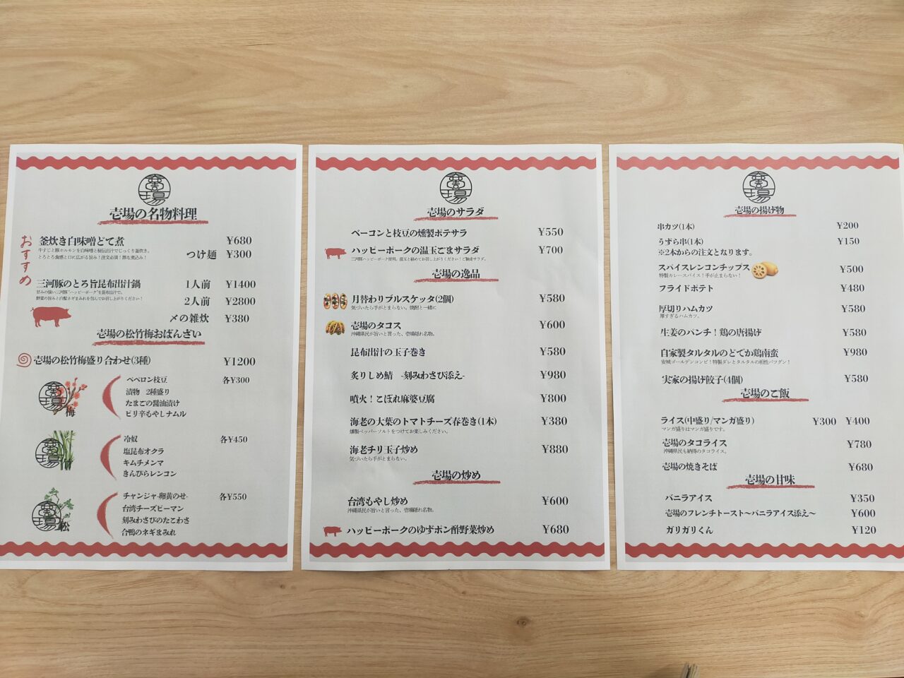 壱場のメニュー